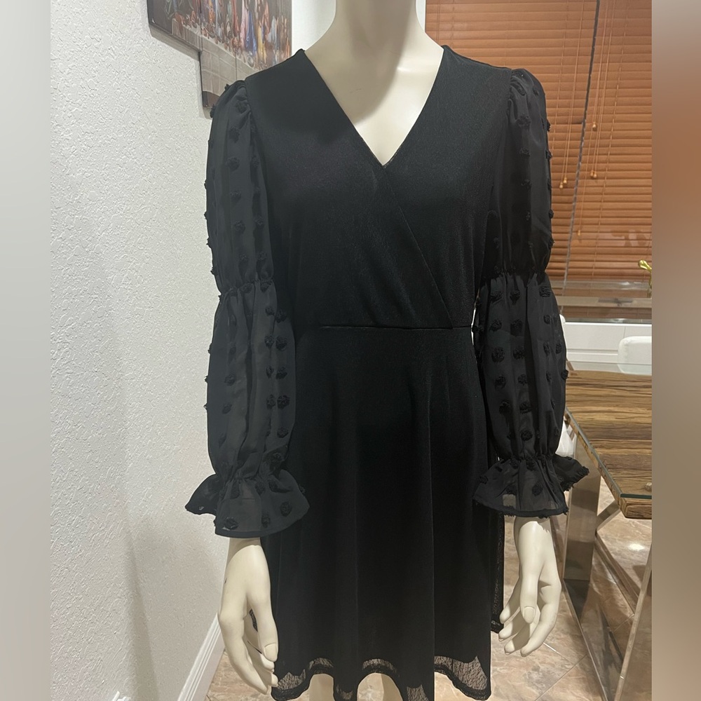 Siren Lily Black Dress with Textured Sheer Sleeves Preowned